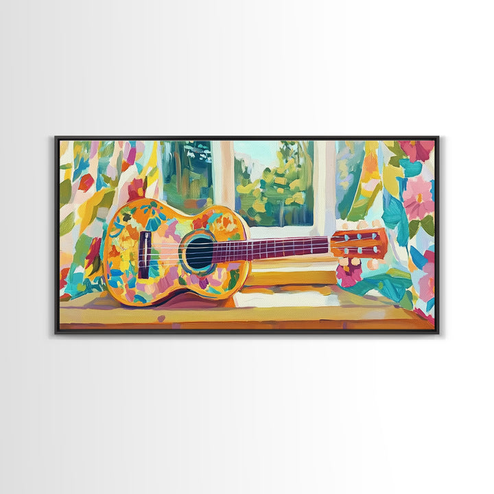 Painted Ukulele By Sunny Window Framed Canvas Print, Music Room Decor, Tropical Wall Art, Boho Home Decor, Gift For Music Lover