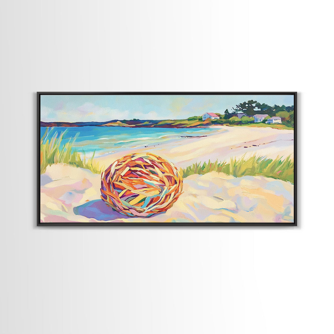 Woven Beach Ball On Sandy Shore Wall Art, Coastal Seascape Canvas, Beach House Decor, Summer Ocean Landscape Print Gift For Her