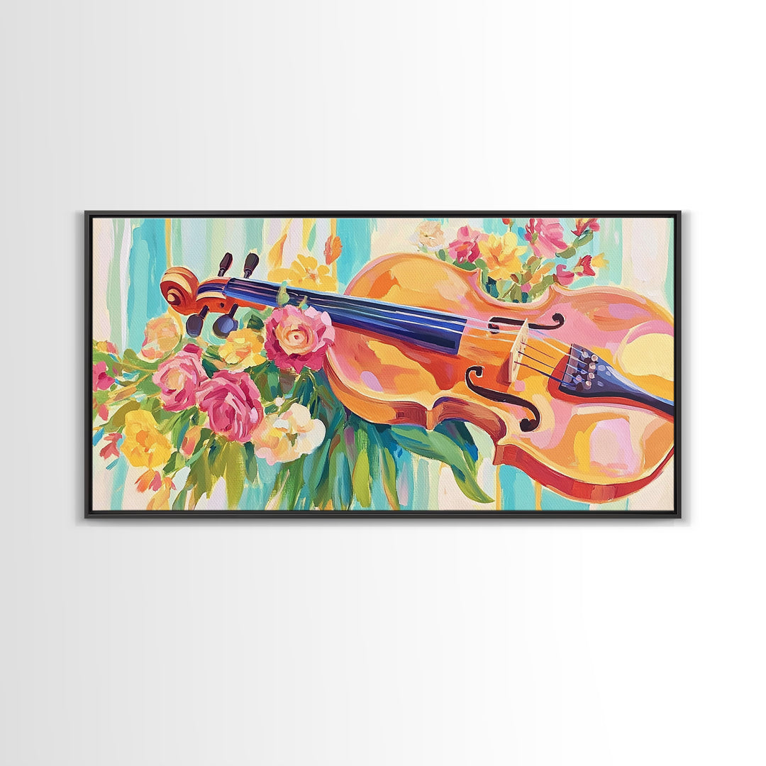 Romantic Violin With Garden Flowers Framed Canvas Print, Music Room Decor, Floral Wall Art, Gift For Music Lover, Elegant Fine Art Print