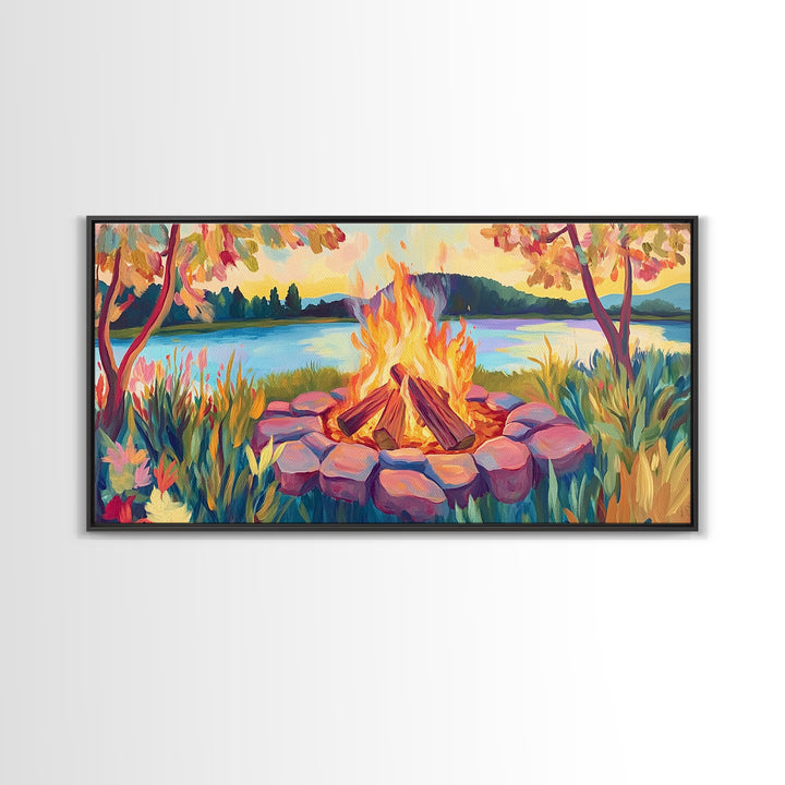 Lakeside Campfire At Sunset Framed Canvas Print, Cozy Cabin Wall Art, Rustic Home Decor, Nature Landscape Gift, Lake House Decor