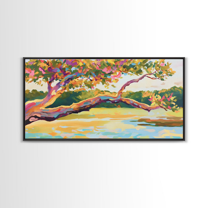 Colorful Lakeside Tree Wall Art, Vibrant Landscape Painting, Nature Canvas Wall Art, Living Room Decor, Housewarming Gift