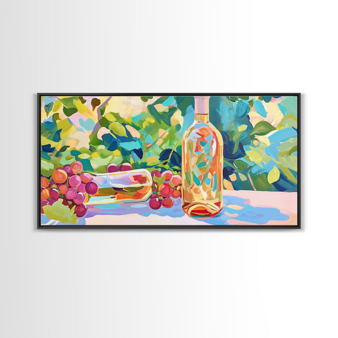 Sunlit Wine Bottle And Grapes Framed Canvas Print, Vineyard Kitchen Wall Art, Winery Decor, Wine Lover Housewarming Gift