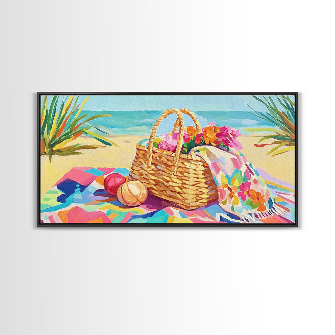 Beach Picnic Basket With Flowers Wall Art, Coastal Canvas Print For Beach House Decor, Summer Living Room Decor, Gift For Her
