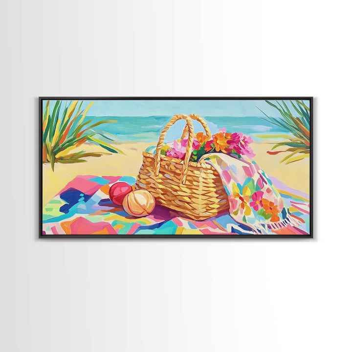Beach Picnic Basket With Flowers Wall Art, Coastal Canvas Print For Beach House Decor, Summer Living Room Decor, Gift For Her