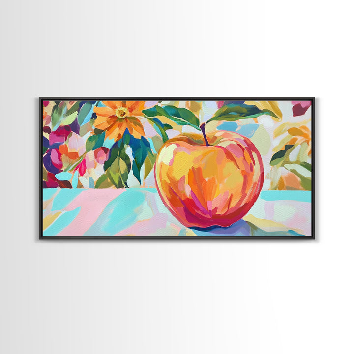 Single Apple With Bold Flowers Canvas Print, Colorful Kitchen Wall Art, Fruit Still Life, Botanical Decor, Housewarming Gift