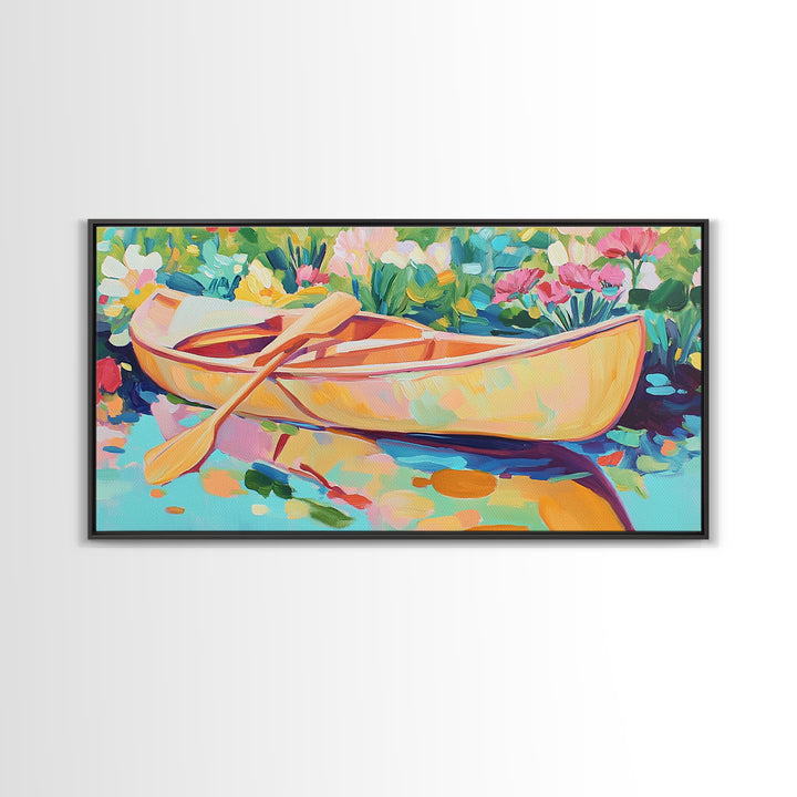 Yellow Canoe With Paddle In Floral Water Canvas Print, Coastal Wall Art, Lake House Decor, Boho Landscape, Housewarming Gift