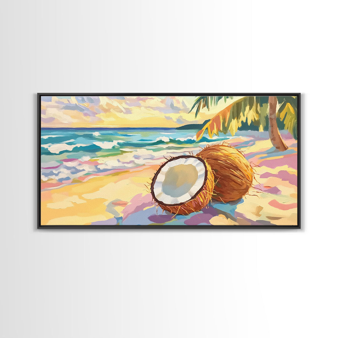 Tropical Coconut Beach Scene Canvas Print, Coastal Wall Art, Ocean Decor, Beach House Decor, Summer Kitchen Art, Gift For Her