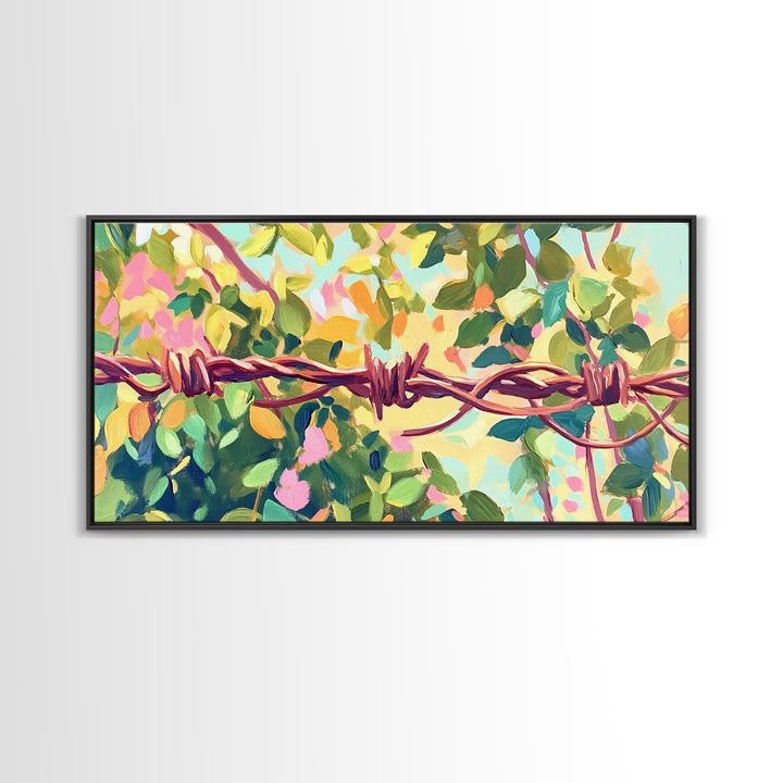 Barbed Wire And Green Vines Canvas Print, Rustic Farmhouse Wall Art, Country Decor, Western Wall Decor, Nature Art, Ranch Decor