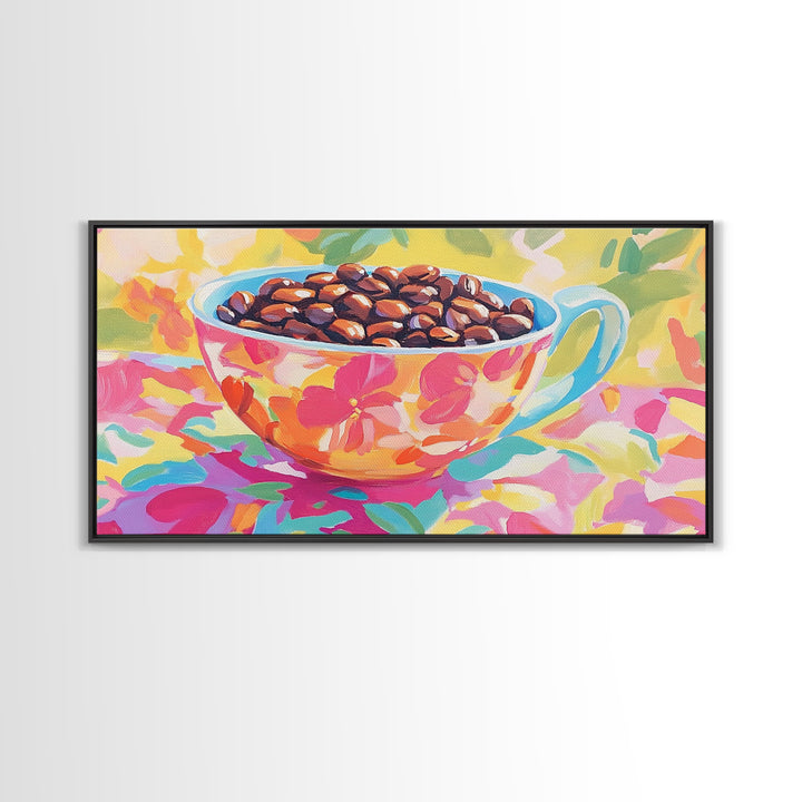 Floral Teacup With Coffee Beans Canvas Print, Coffee Bar Wall Art, Kitchen Decor, Cafe Art, Coffee Lover Gift, Home Decor