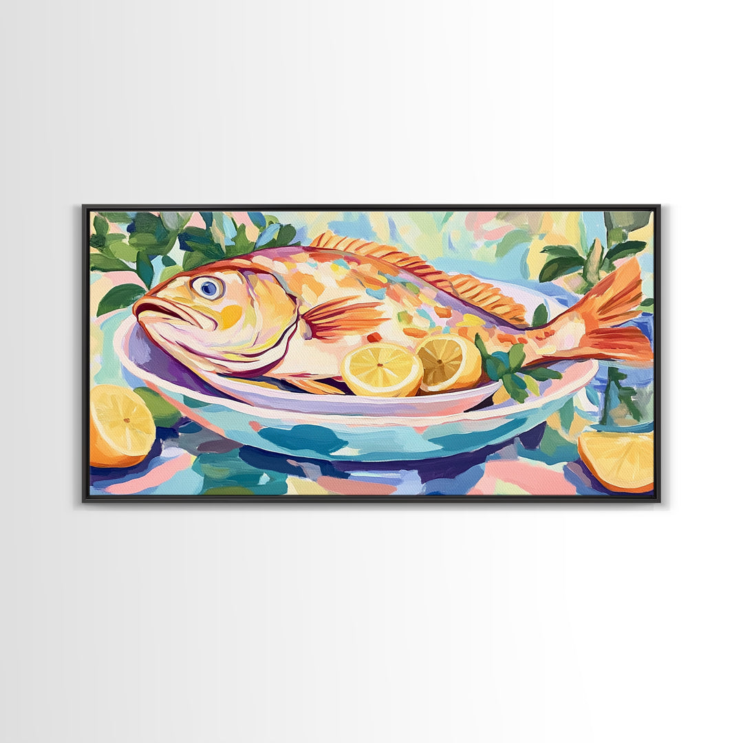 Whole Fish With Lemons On Platter Canvas Print, Coastal Kitchen Wall Art, Seafood Wall Decor, Nautical Home Decor Gift Idea