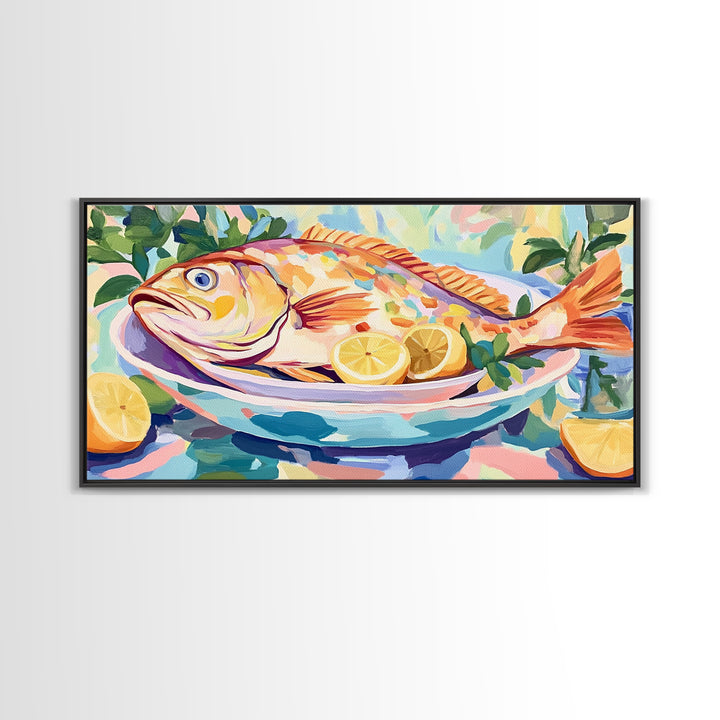 Whole Fish With Lemons On Platter Canvas Print, Coastal Kitchen Wall Art, Seafood Wall Decor, Nautical Home Decor Gift Idea