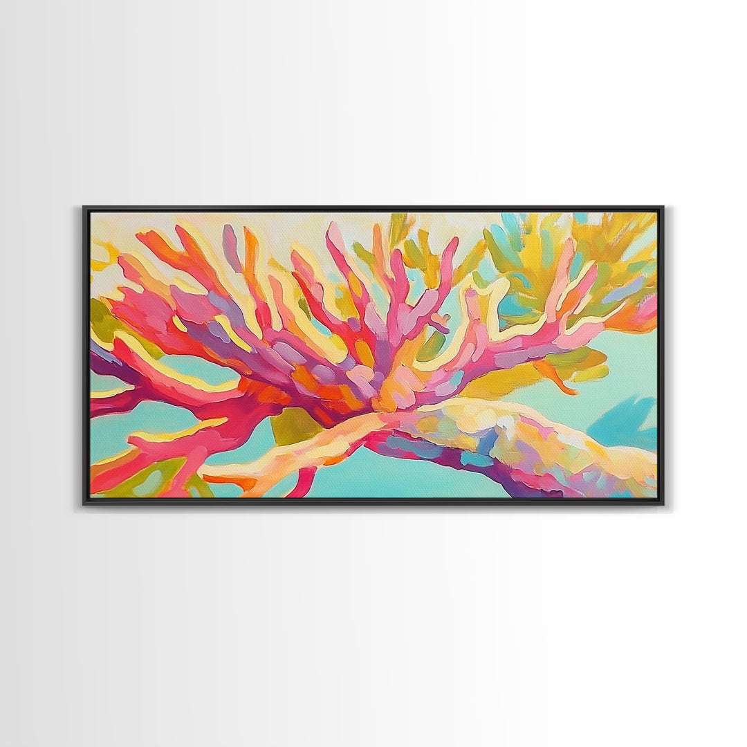Bright Pink Coral Reef Branch Wall Art, Tropical Ocean Canvas Print, Coastal Decor, Marine Life Art, Vibrant Beach House Decor