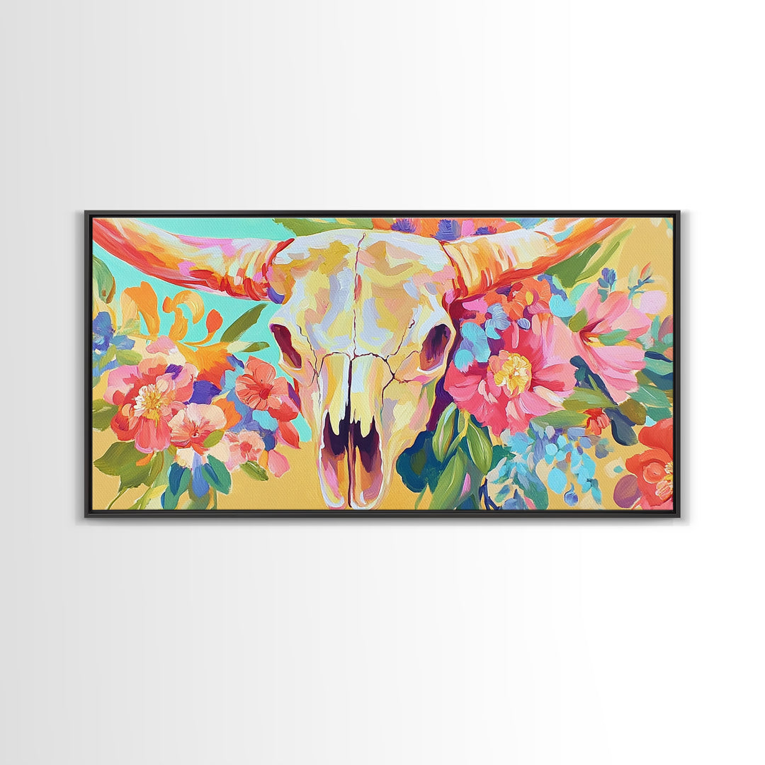 Floral Longhorn Skull With Pink Blooms Wall Art, Western Canvas Print, Cowgirl Decor, Boho Southwestern Housewarming Gift
