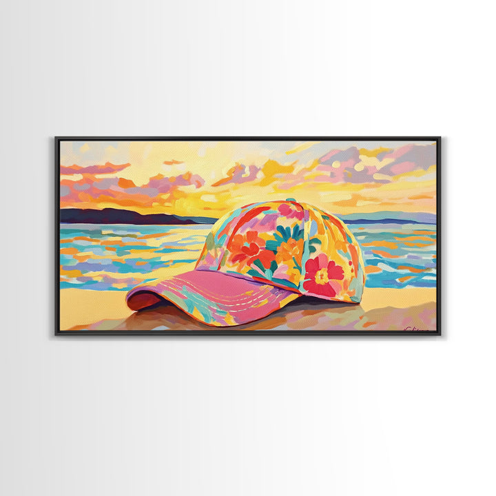 Floral Baseball Cap Wall Art, Beach Sunset Canvas Print, Coastal Cowgirl Decor, Ocean Wall Art, Summer Gift For Her, Beach House Decor