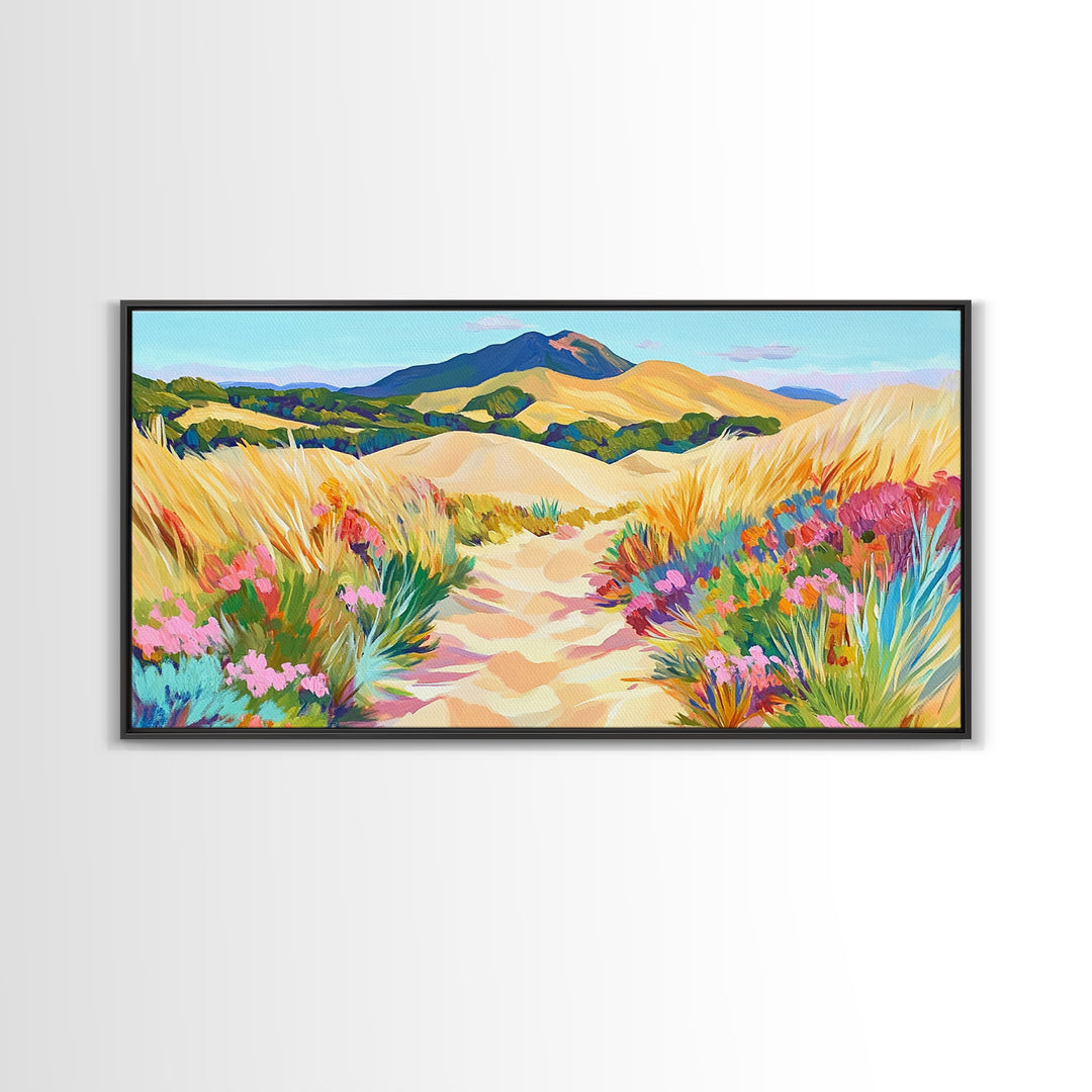 Golden Dune Path Canvas Print, Wildflower Landscape Wall Art, Coastal Desert Decor, Mountain Wall Art, Large Horizontal Art