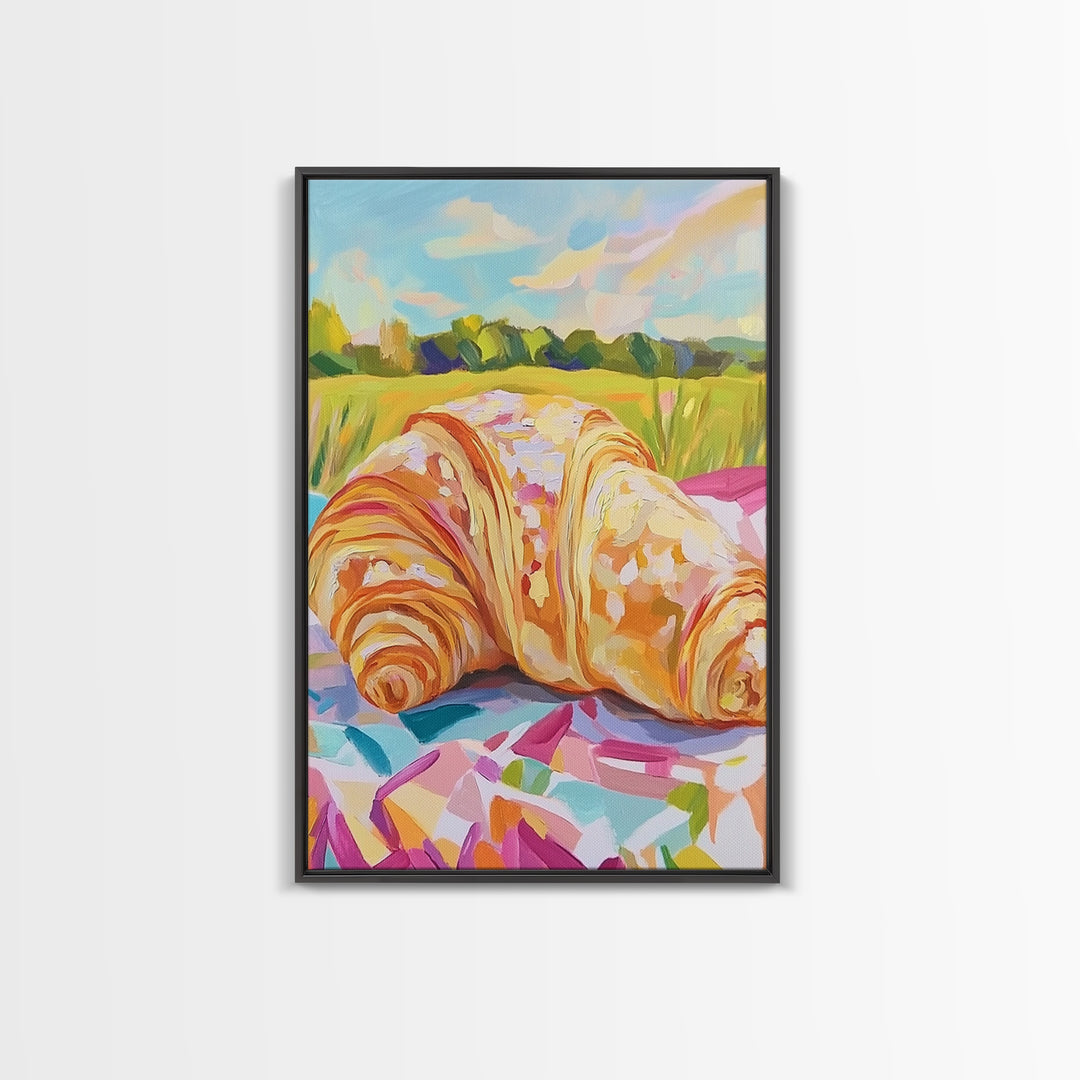 Golden Croissant Picnic In Sunny Field Wall Art, French Bakery Canvas Print For Kitchen Decor, Cafe Art Print, Foodie Gift
