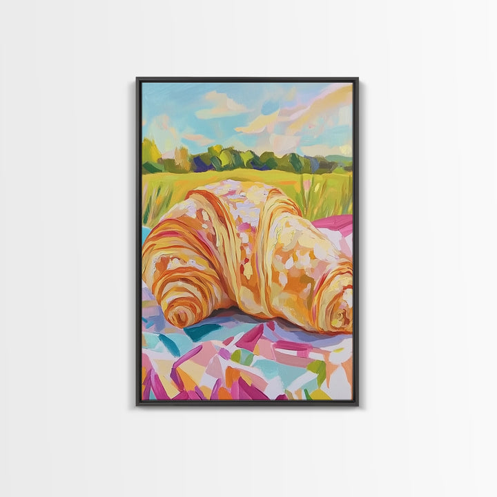 Golden Croissant Picnic In Sunny Field Wall Art, French Bakery Canvas Print For Kitchen Decor, Cafe Art Print, Foodie Gift