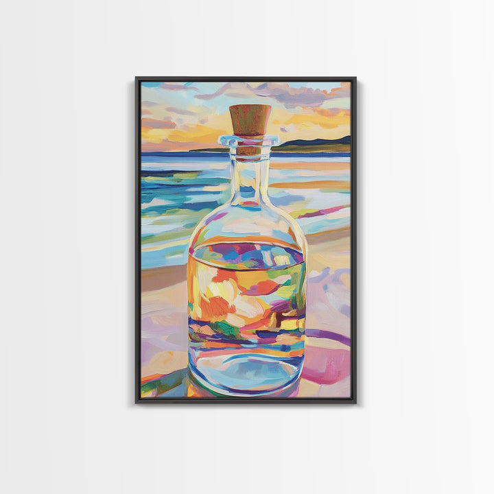 Glass Bottle At Sunset Beach Wall Art, Coastal Canvas Print For Ocean Decor, Seascape Art, Beach House Decor Gift For Her