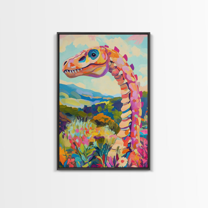 Whimsical Dinosaur In Colorful Hills Framed Canvas Print, Kids Room Wall Art, Nursery Decor, Fantasy Landscape Art Gift Idea
