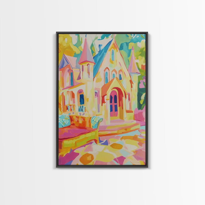 Pastel Storybook Castle With Swan Framed Canvas Print, Whimsical Wall Art, Kids Room Decor, Fairy Tale Nursery Gift For Girls Room