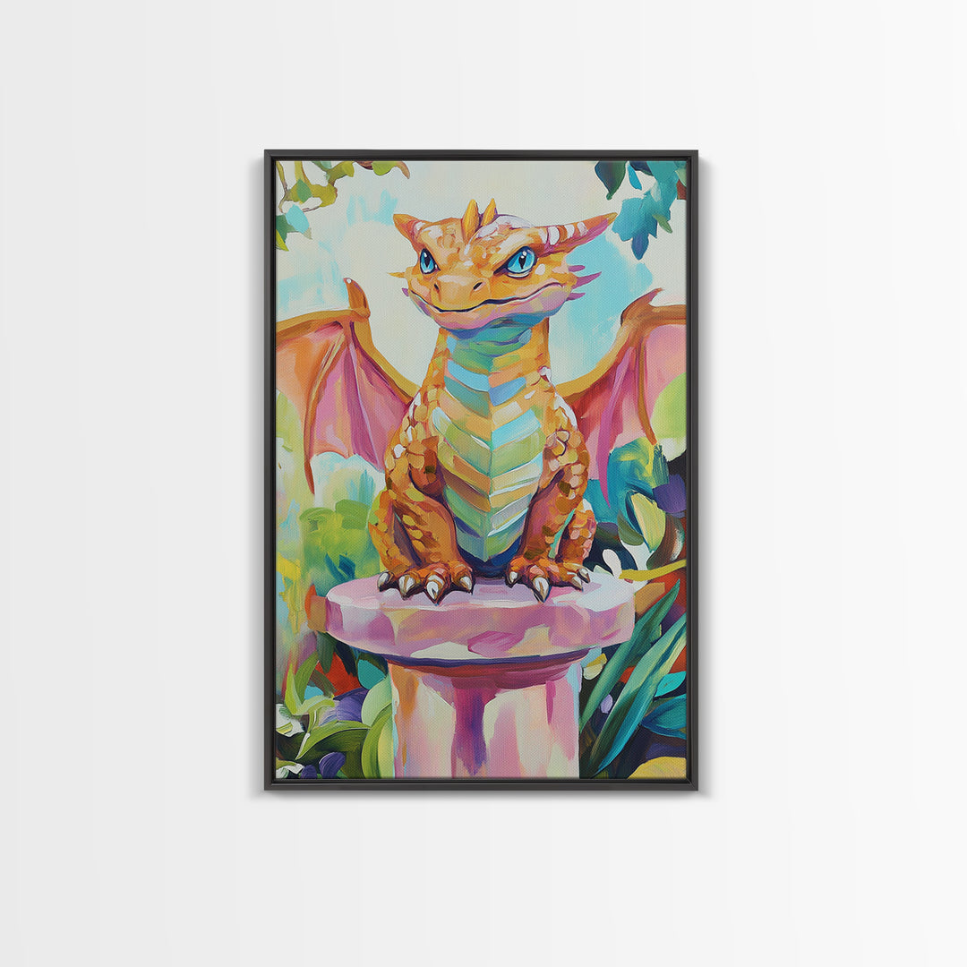 Cute Baby Dragon On Pedestal Canvas Print, Fantasy Wall Art, Whimsical Nursery Decor, Kids Room Art Gift For Dragon Lovers