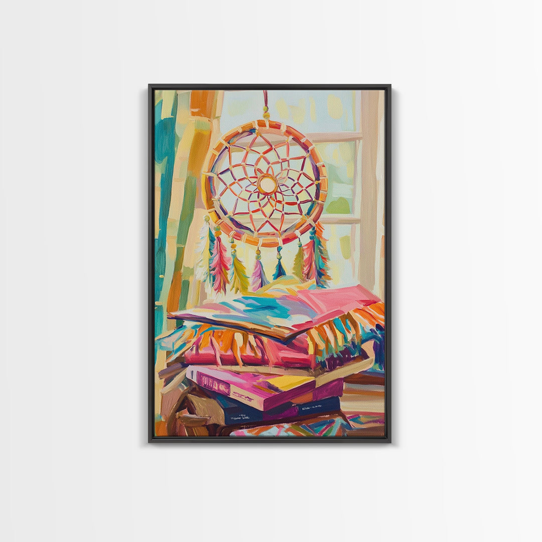 Boho Dreamcatcher And Stacked Books By Window Canvas Print, Whimsical Wall Art, Reading Nook Decor, Colorful Bedroom Art