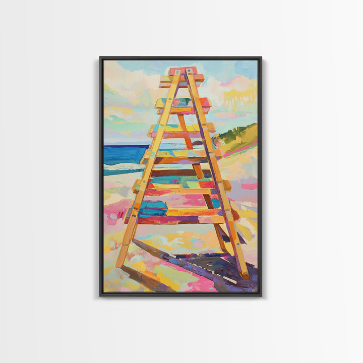 Pastel Beach Ladder Leading To Blue Ocean Wall Art, Coastal Wall Decor, Summer Beach House Decor, Large Canvas Print, Housewarming Gift