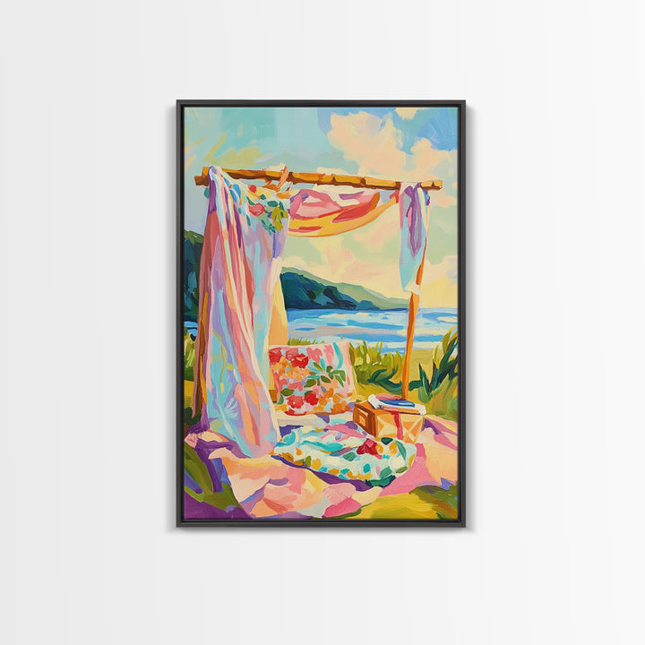 Sunny Beach Cabana Picnic Canvas Print, Coastal Wall Art, Tropical Beach House Decor, Summer Ocean Landscape, Gift For Her
