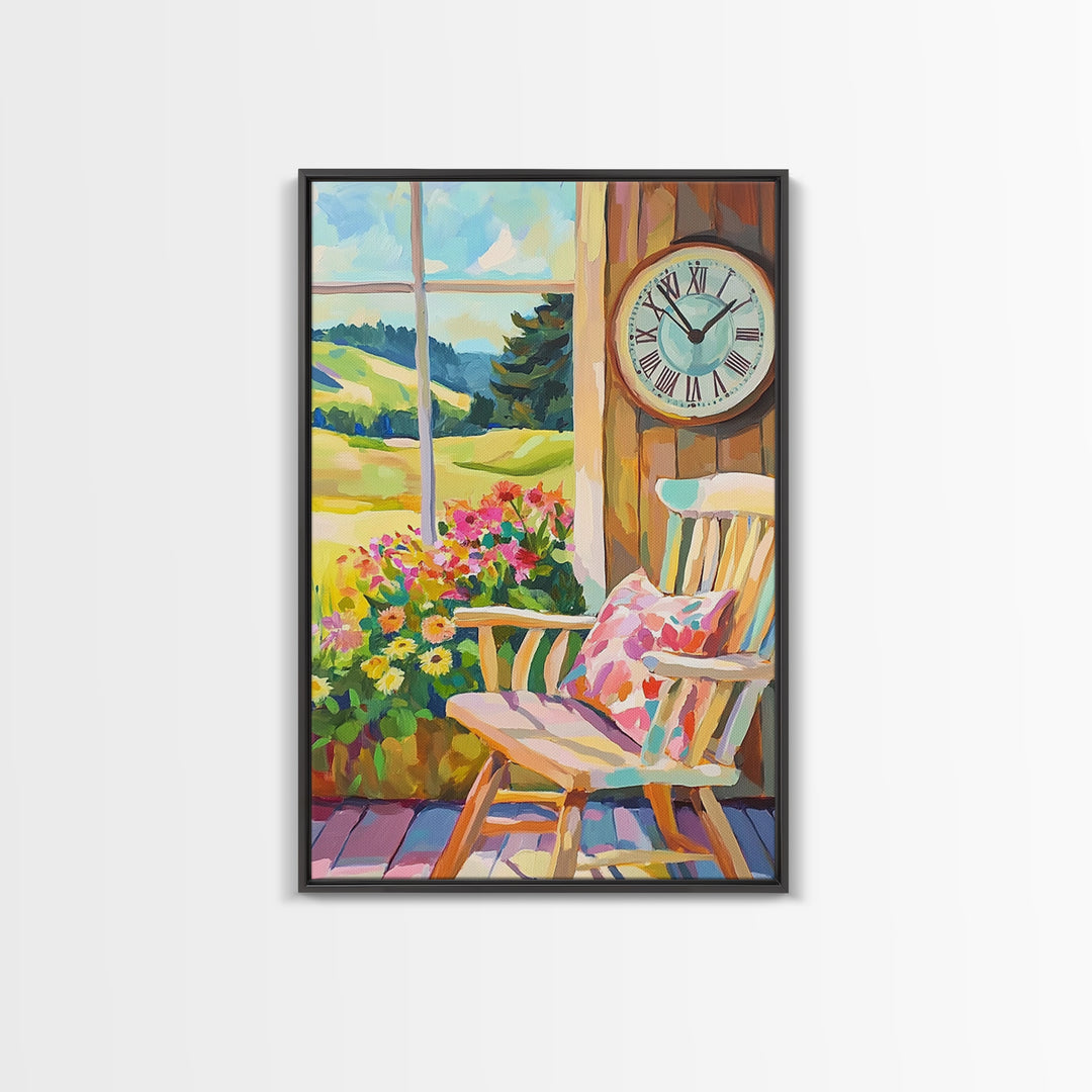 Sunlit Porch Rocking Chair Canvas Print, Country Wall Art, Farmhouse Decor, Floral Landscape Art, Cozy Living Room Decor Gift