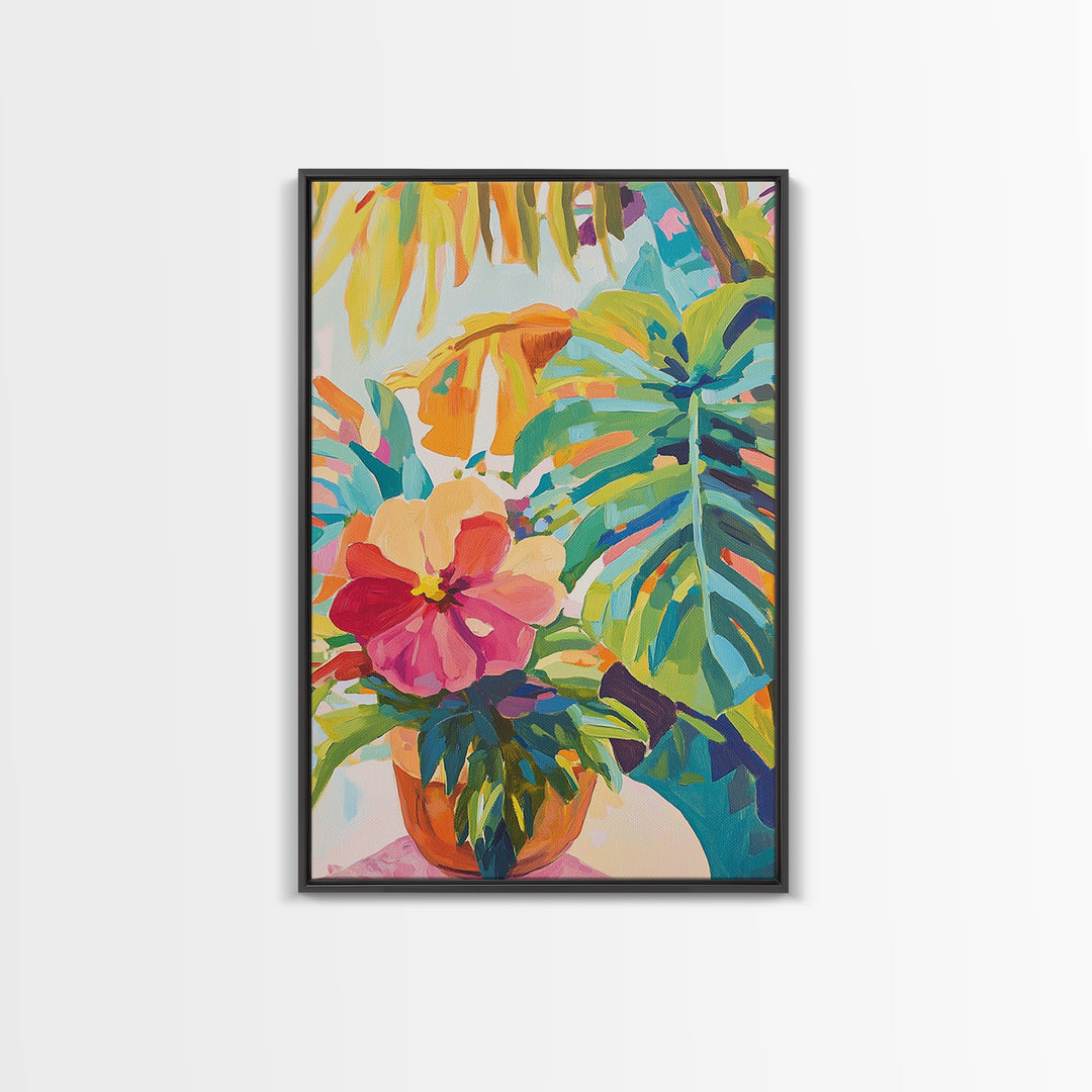 Pink Hibiscus And Monstera Tropical Wall Art, Colorful Botanical Canvas Print, Coastal Boho Living Room Decor, Housewarming Gift