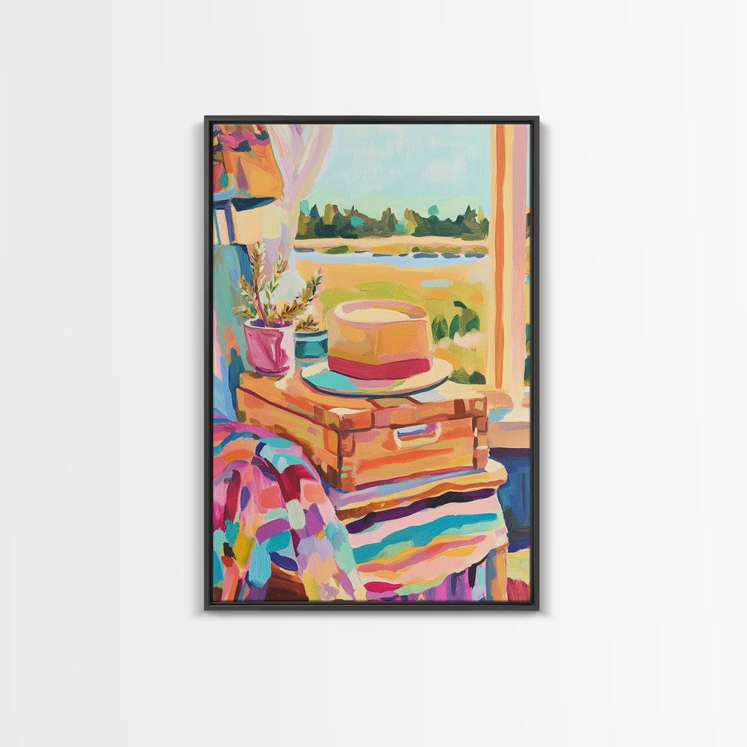 Sun Hat On Suitcase By Coastal Window Wall Art, Travel Canvas Print, Beach House Decor, Summer Bedroom Art, Gift For Her