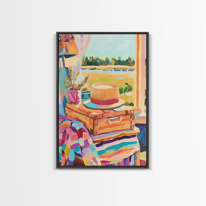 Sun Hat On Suitcase By Coastal Window Wall Art, Travel Canvas Print, Beach House Decor, Summer Bedroom Art, Gift For Her