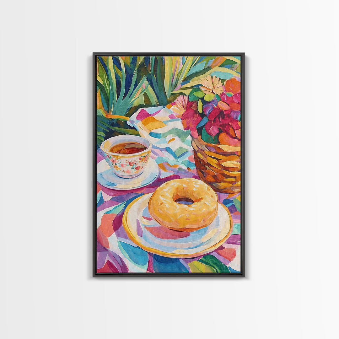 Tea Cup And Glazed Donut Garden Picnic Canvas Print, Kitchen Wall Art, Coffee Bar Decor, Whimsical Food Art, Gift For Her