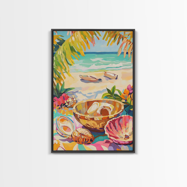 Tropical Seashell Bowl Canvas Print, Coastal Wall Art, Beach House Decor, Ocean Art Print, Summer Living Room Decor, Gift For Her