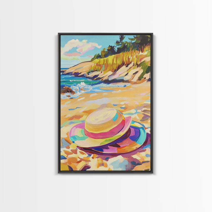 Striped Beach Hat On Shore Canvas Print, Coastal Wall Art, Summer Beach House Decor, Ocean Landscape Art, Gift For Her, Seaside Wall Decor