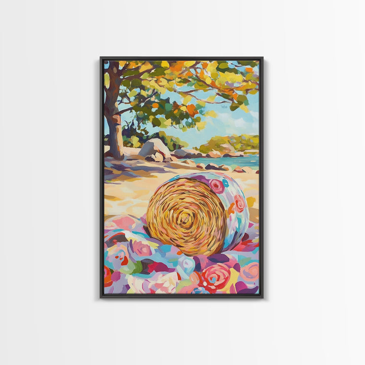 Floral Straw Hat On Sunny Beach Wall Art, Coastal Canvas Print, Tropical Seascape, Beach House Decor, Summer Gift For Her