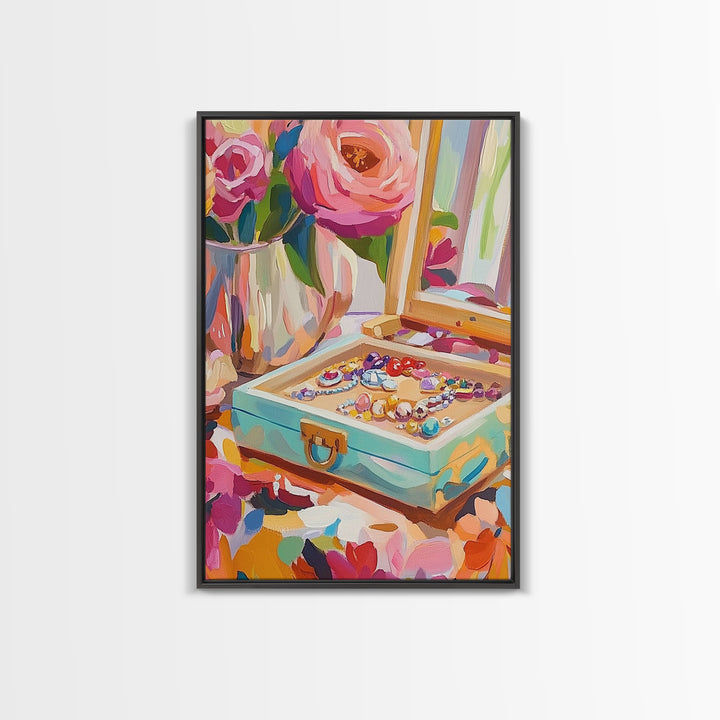 Pink Roses Jewelry Box With Rings Framed Canvas Print, Feminine Vanity Wall Art, Coquette Bedroom Decor, Romantic Gift For Her