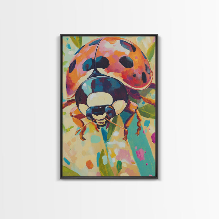 Colorful Ladybug On Green Leaves Canvas Print, Whimsical Animal Wall Art, Nature Inspired Decor, Nursery Art, Garden Lover Gift
