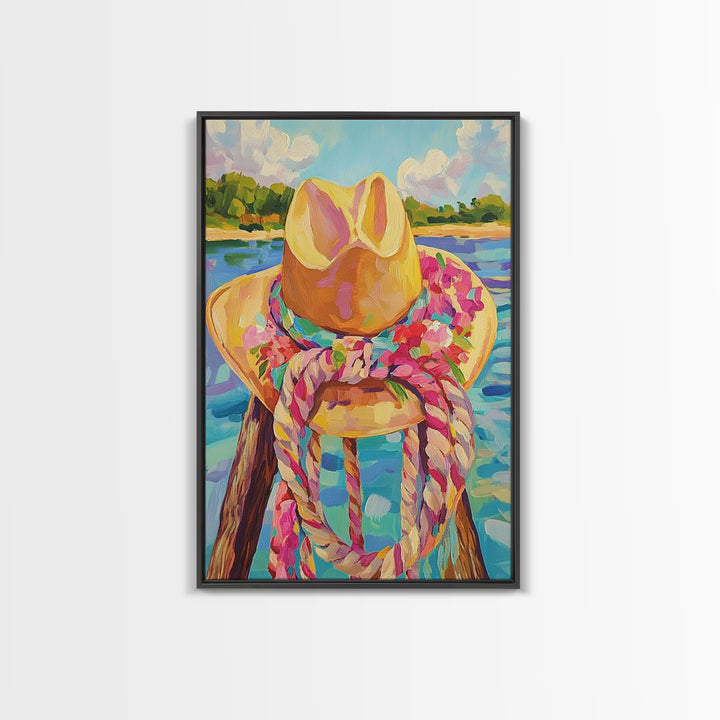 Cowgirl Hat And Rope By Lake Framed Canvas Print, Western Wall Art For Coastal Cowgirl Decor And Rustic Home Decor, Living Room Wall Decor