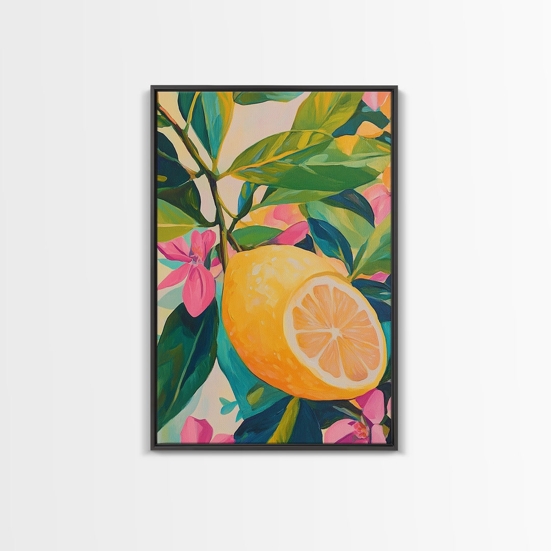 Bright Lemon Branch With Pink Blossoms Wall Art, Botanical Canvas Print For Kitchen Decor, Coastal Home Decor And Gift For Her