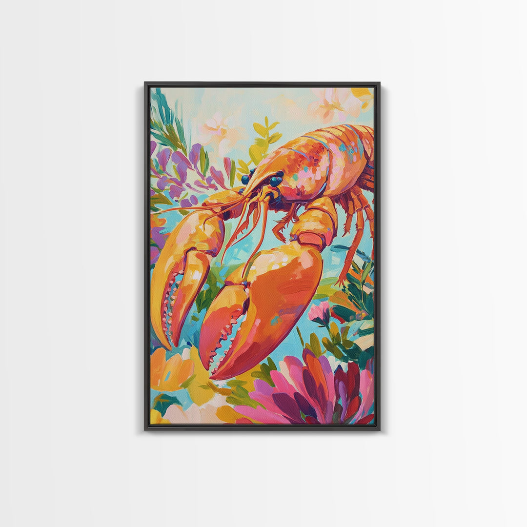 Vibrant Lobster With Garden Florals Canvas Print, Coastal Wall Art, Seafood Wall Decor, Tropical Kitchen Decor, Gift For Her