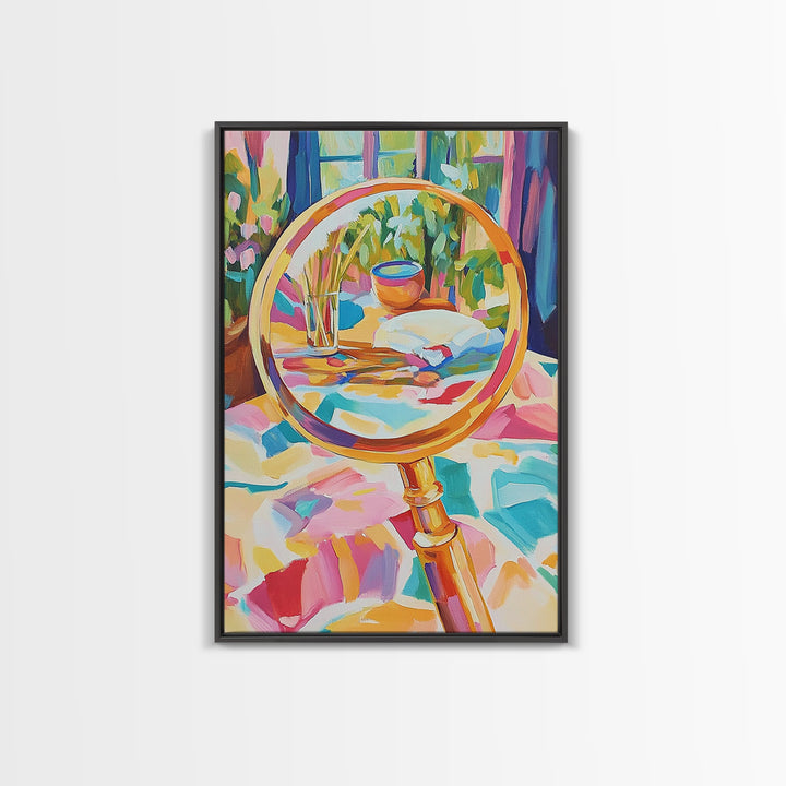 Gold Magnifying Glass With Garden View Canvas Print, Eclectic Wall Art, Botanical Wall Decor, Colorful Still Life Art Print