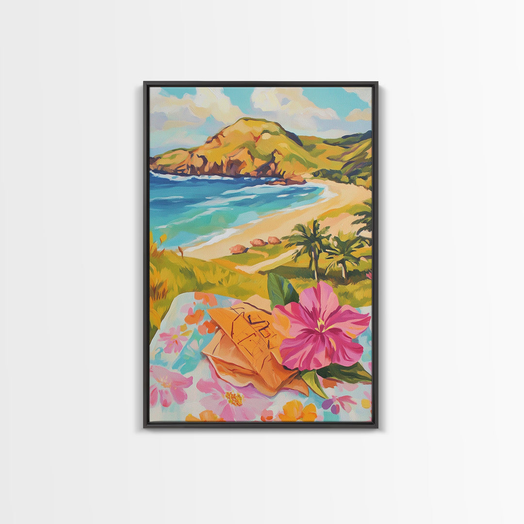 Tropical Beach View With Hibiscus Canvas Print, Coastal Wall Art, Ocean Wall Decor, Summer Landscape, Beach House Decor Gift
