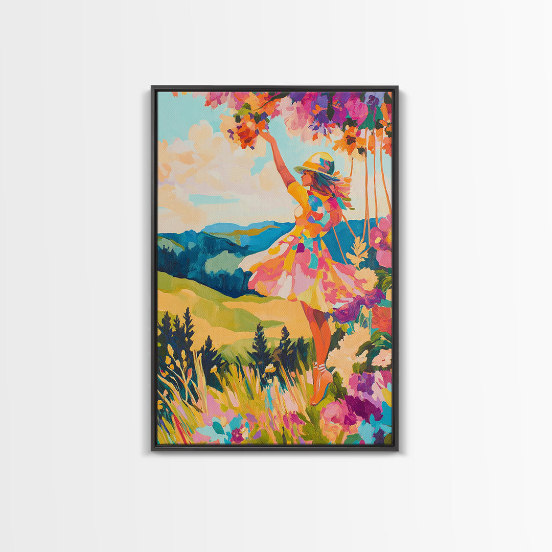 Joyful Woman In Mountain Flower Meadow Framed Canvas Print, Colorful Wall Art, Feminine Art, Landscape Art, Gift For Her