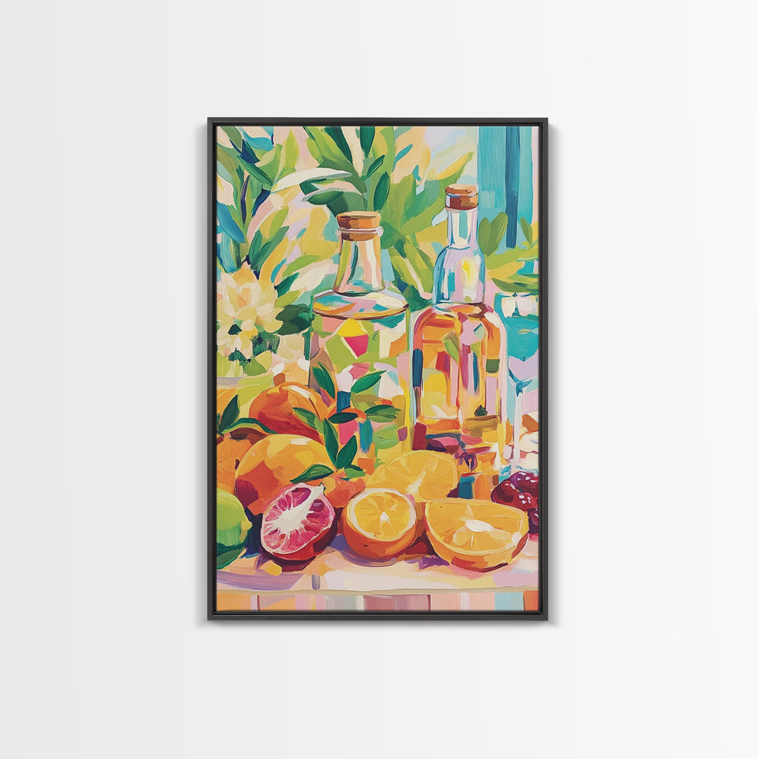 Sunlit Citrus Bottles And Tropical Fruit Canvas Print, Coastal Kitchen Wall Art, Colorful Still Life Dining Room Decor Gift