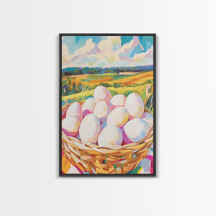 Farm Fresh Eggs In Wicker Basket Wall Art, Country Landscape Canvas Print, Rustic Farmhouse Kitchen Decor, Housewarming Gift