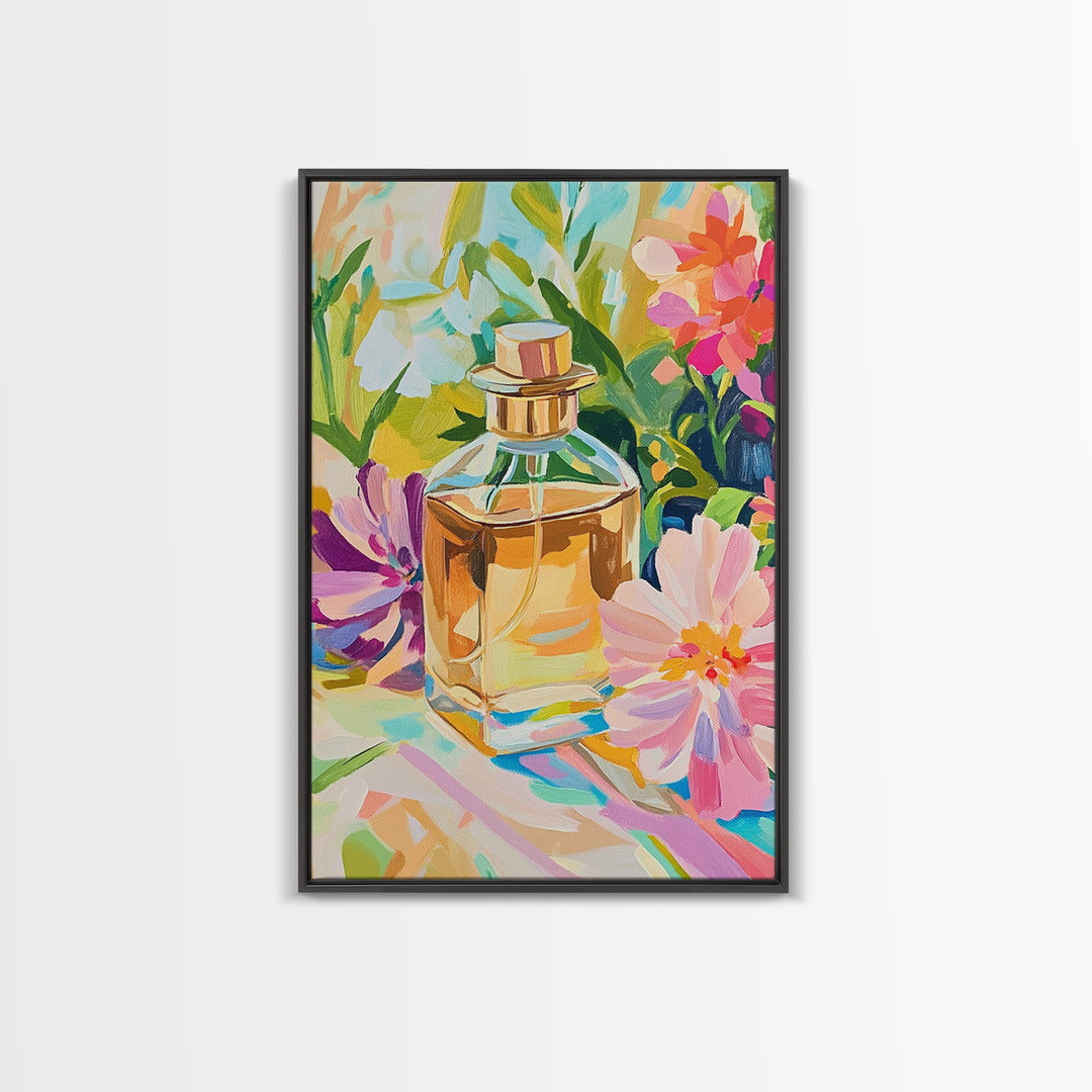Golden Perfume Bottle With Pink Flowers Framed Canvas Print, Feminine Wall Art, Bathroom Decor, Floral Home Decor, Gift For Her