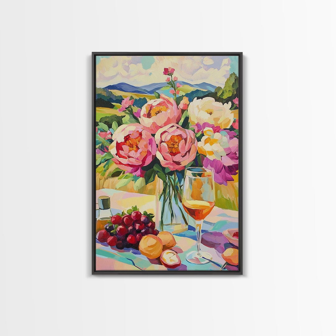 Pink Peony Bouquet With Wine And Grapes Canvas Print, French Country Kitchen Decor, Floral Wall Art, Housewarming Gift For Her