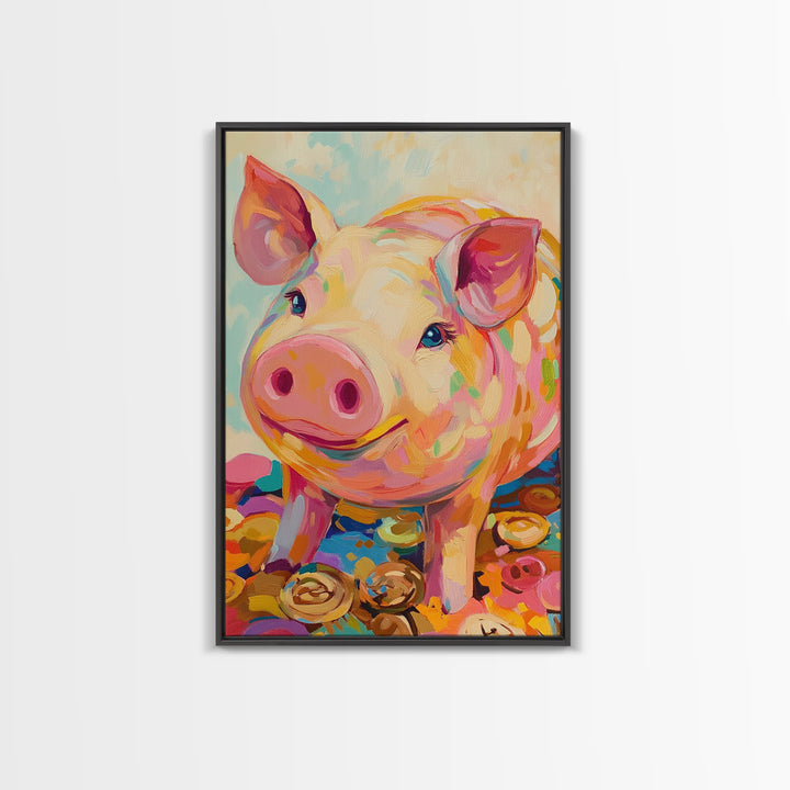 Smiling Pink Pig With Golden Coins Canvas Print, Cute Farm Animal Wall Art, Playful Nursery Decor, Whimsical Gift For Kids