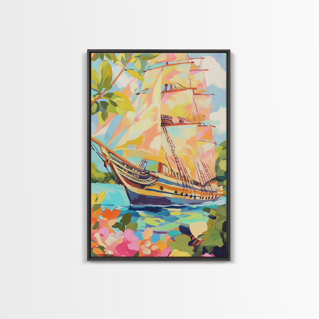 Tall Ship In Blooming Harbor Canvas Print, Nautical Sailboat Painting, Coastal Wall Art, Beach House Decor Gift For Her Home